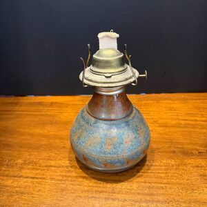 Vintage Studio Pottery Oil Lamp Eagle Burner Stoneware Blue Brown Signed MCM